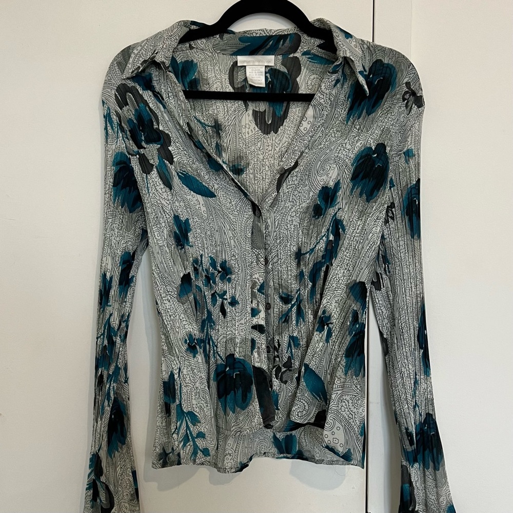 Flared Pleated Floral Button Down Blouse